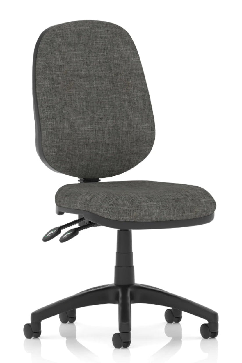 A charcoal gray Luna Plus II lever task operator armchair with a cushioned seat and backrest, twin levers for gas lift and backrest tilt control, on a five-star base with casters.