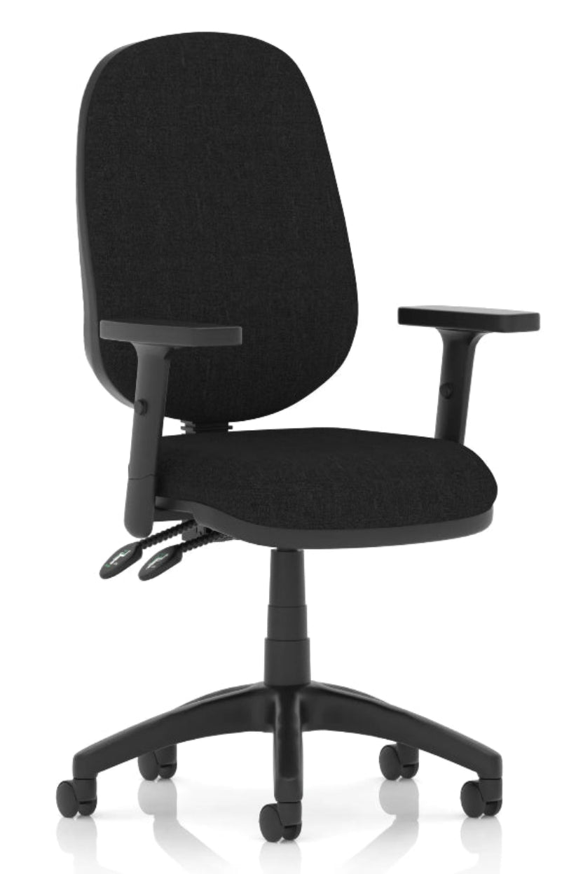 A black Luna Plus II Lever Task Operator Armchair with height-adjustable arms and a five-point wheeled base.
