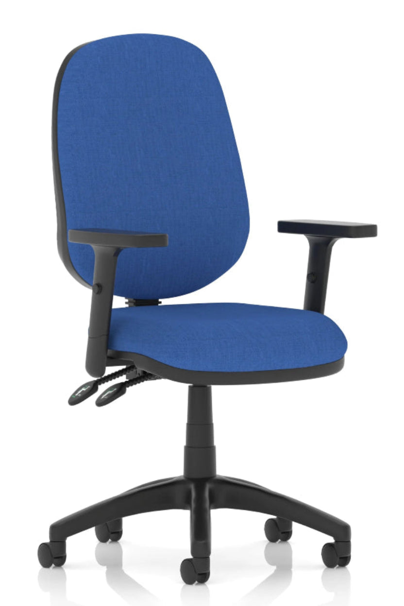 A blue office armchair with height adjustable arms, featuring a cushioned seat, backrest, and a five-point wheeled base.
