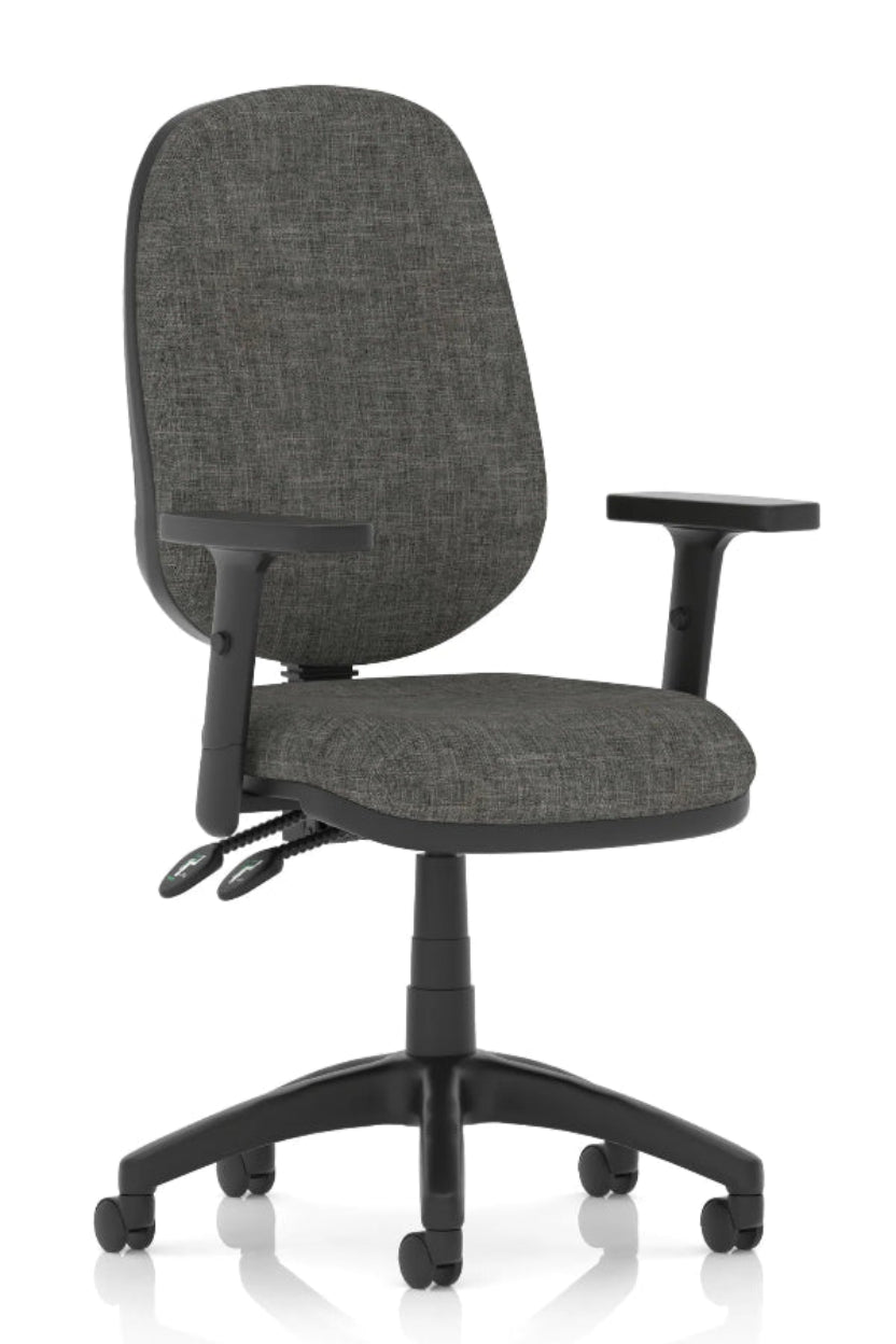 A charcoal gray Luna Plus II lever task operator armchair with height-adjustable arms and a five-star base.