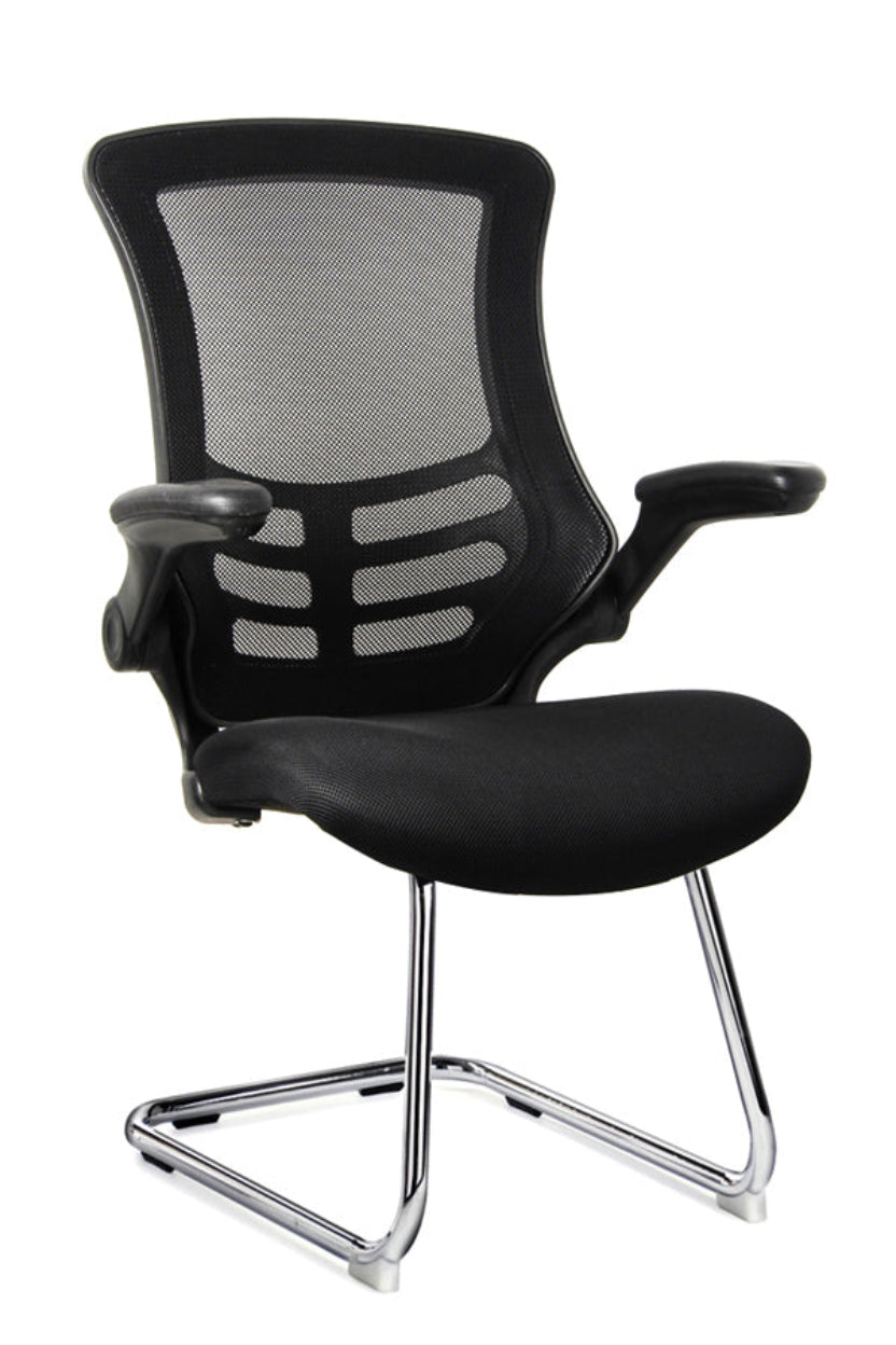 Black office chair with mesh back and chrome base on a white background