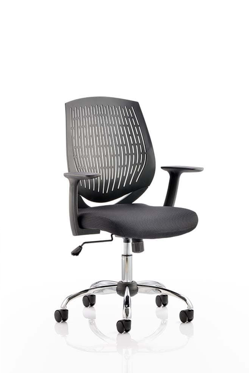 A black Dura medium back operator office chair with height adjustable arms, on a chrome gas lift and 5 star base.