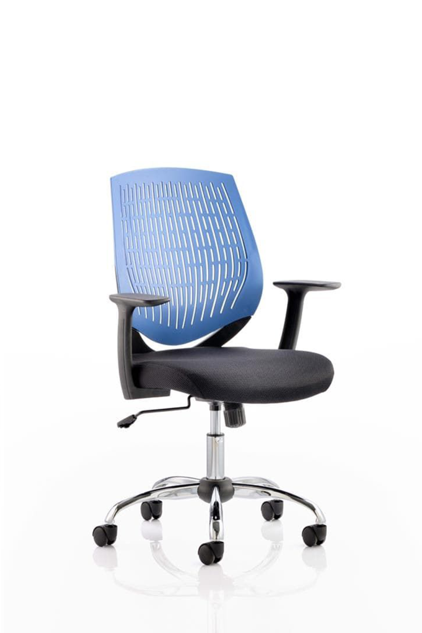 A medium back office chair with height adjustable arms, featuring a blue air-mesh fabric backrest and a black seat, on a chrome gas lift and 5 star base.