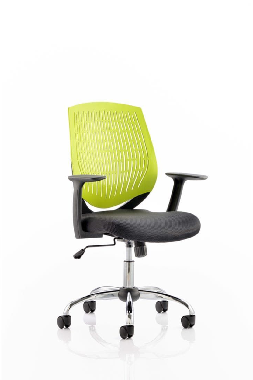 A green and black Dura medium back operator office chair with height adjustable arms, on a chrome base with five wheels.