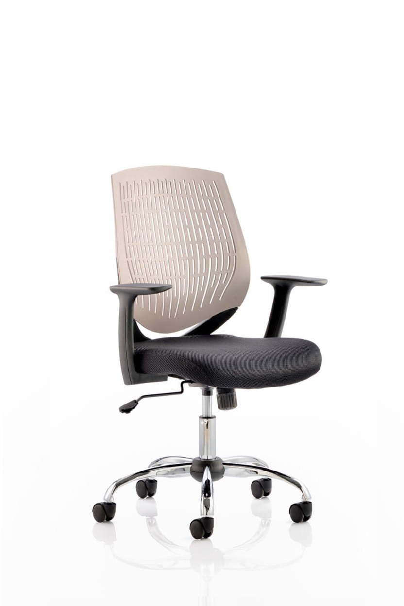 A medium back operator office chair with height adjustable arms, featuring a grey air-mesh fabric seat and a durable nylon backrest, set on a chrome gas lift and 5 star base.