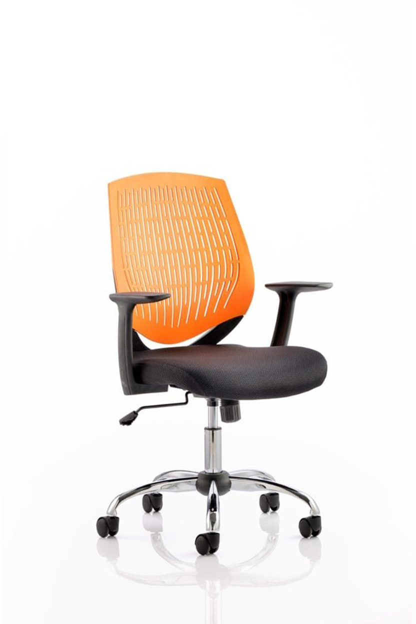 An orange and black Dura medium back operator office chair with height adjustable arms, on a chrome gas lift and 5 star base.