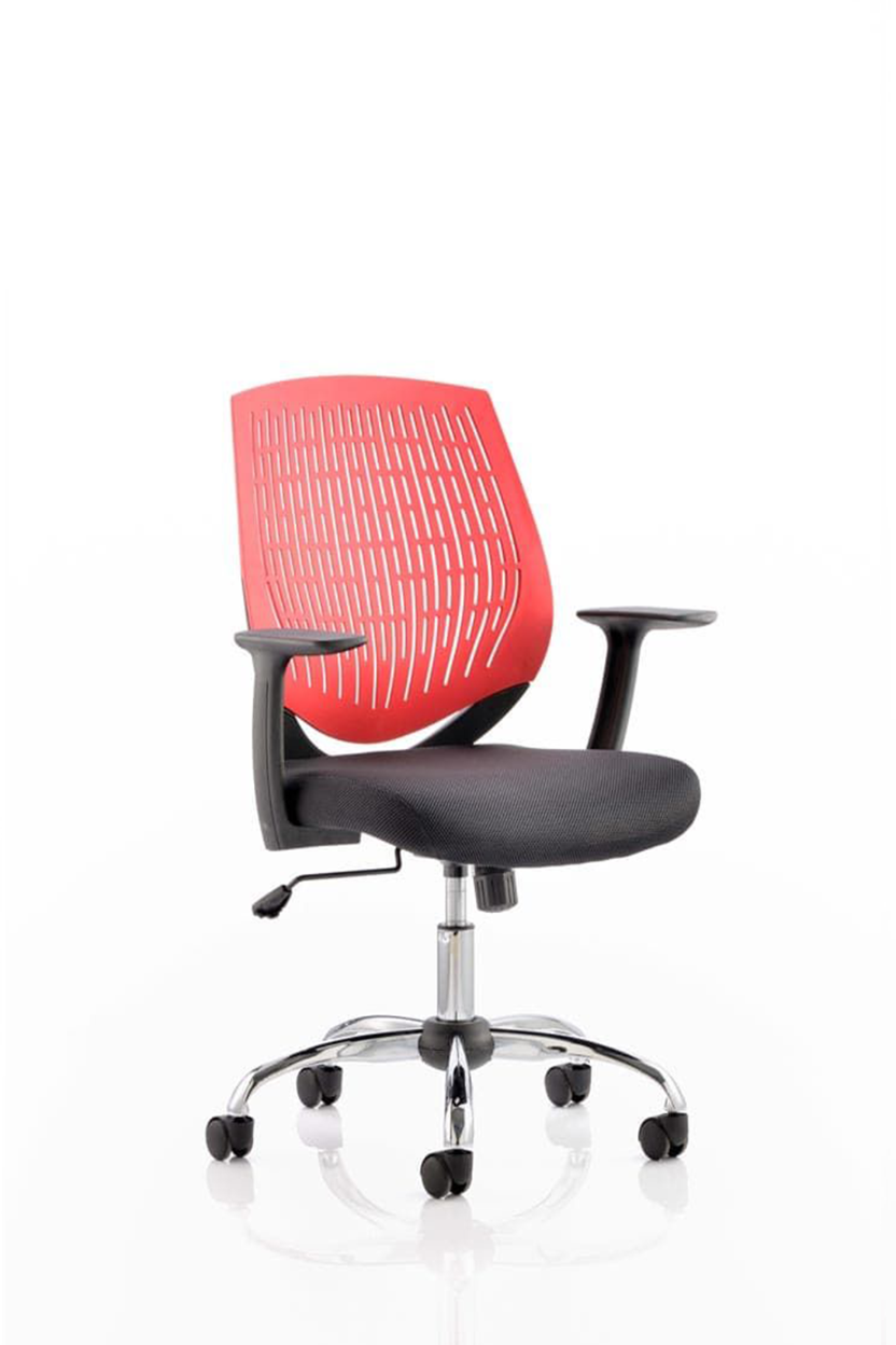 A red and black Dura medium back operator office chair with height adjustable arms, on a chrome base with five wheels.