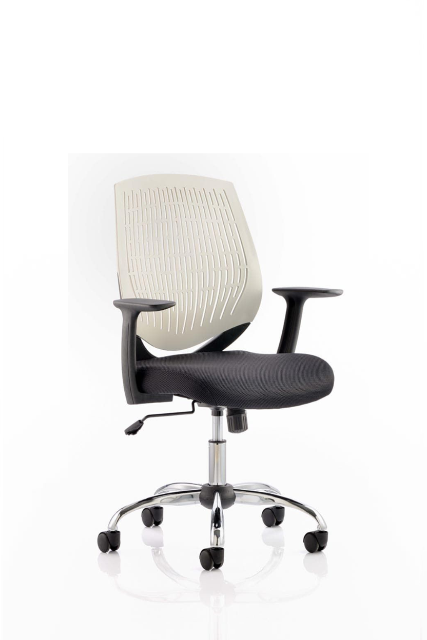A white Dura medium back operator office chair with height adjustable arms, on a chrome gas lift and 5 star base with black caster wheels.