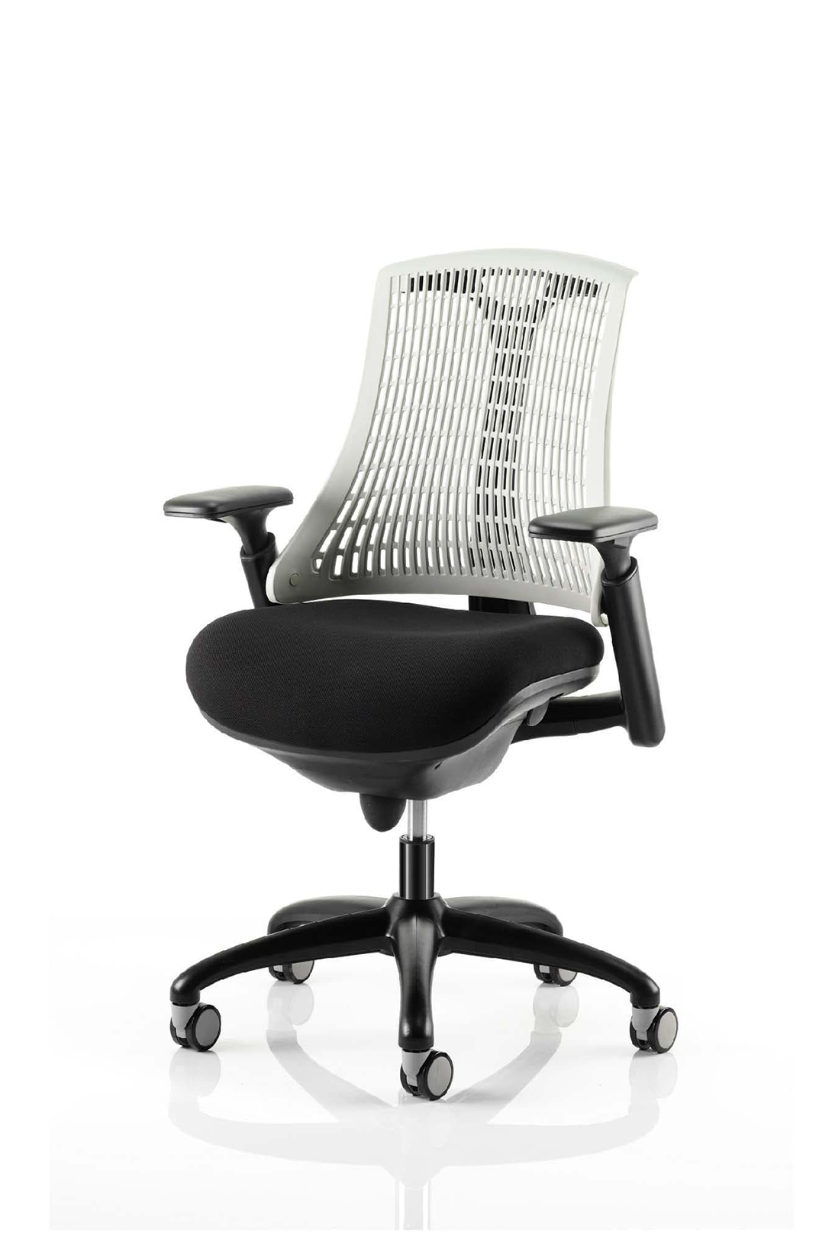 A black framed office chair with white backrest and cushioned seat, featuring adjustable gel padded arms and a five-star base, designed for tasks in an office setting.