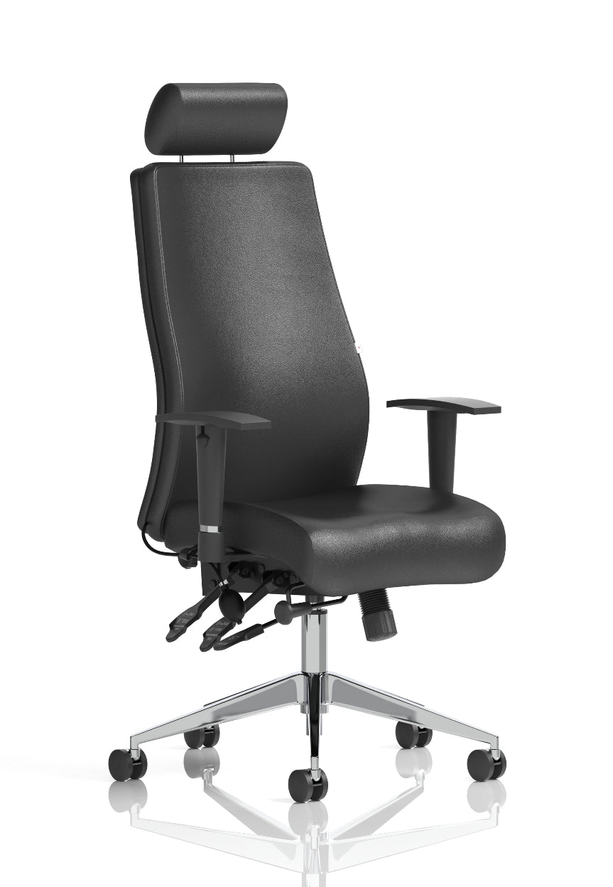 A black high back posture bonded leather chair with height adjustable arms and headrest, featuring a contoured foam seat and backrest, and a brushed aluminium 5 star base.