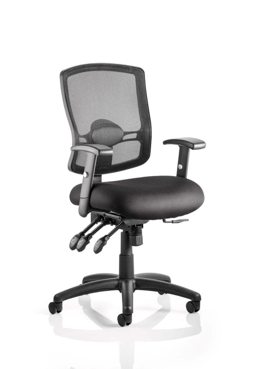 A black high mesh back operator chair with height adjustable arms, gas lift for height adjustment, and five caster wheels for mobility.