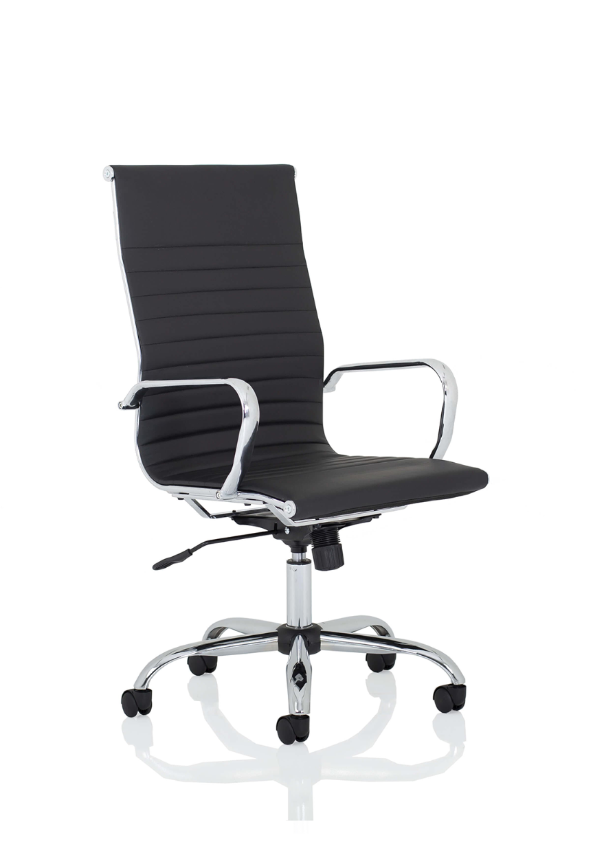 A black high back executive office chair with soft bonded leather upholstery, fixed chrome armrests, and a five-star base with casters.