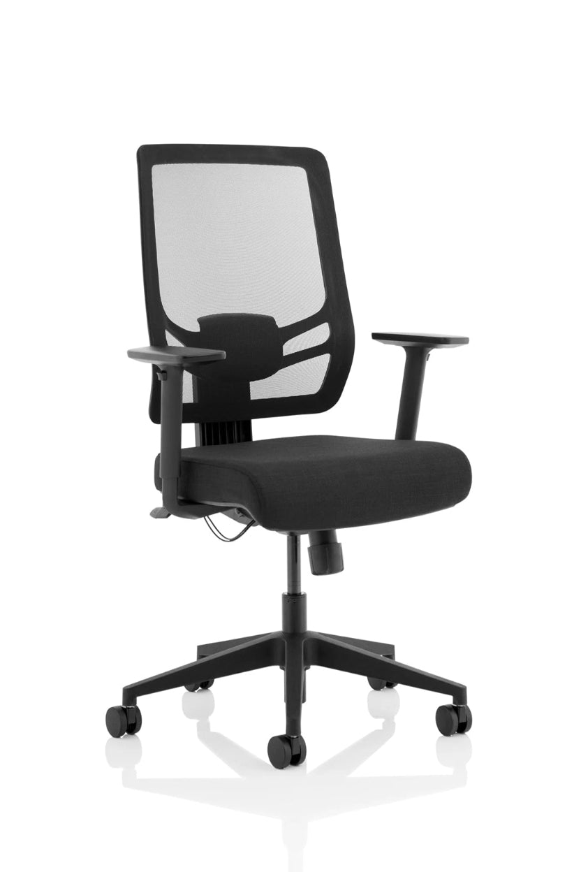 A black high mesh back operator chair with height adjustable arms, gas lift for seat height adjustment, and a five star base.