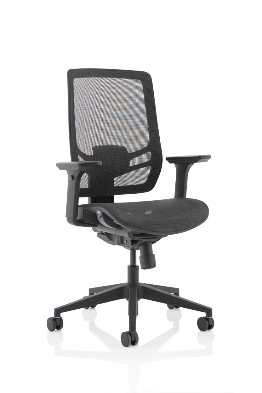 A black Ergo Twist High Mesh Back Operator Office Chair with height adjustable arms, sitting on a five-star base with casters.