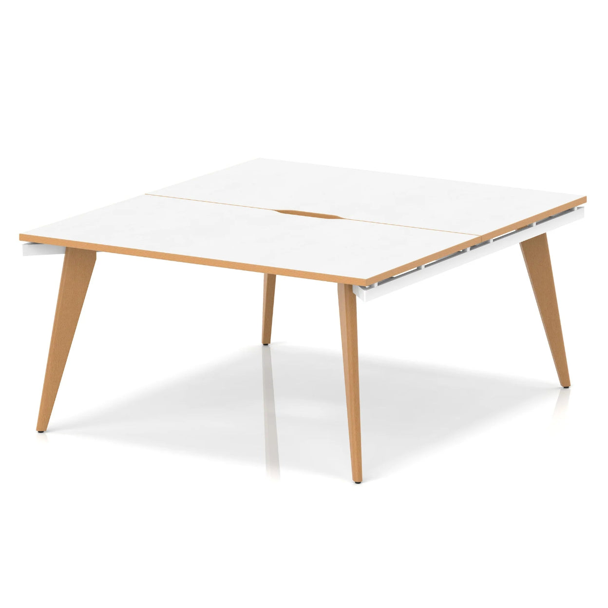 Rectangular table with white top and wooden legs on a white background