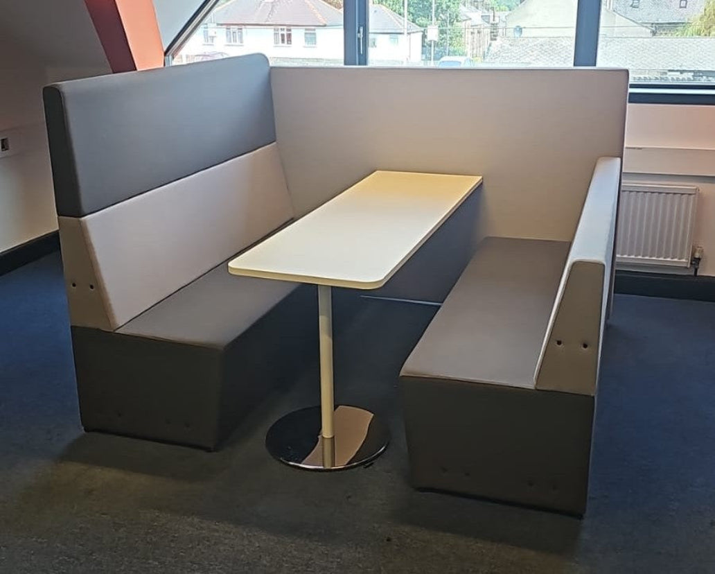 4 seater booth in natural grey fabrics with white table (used)