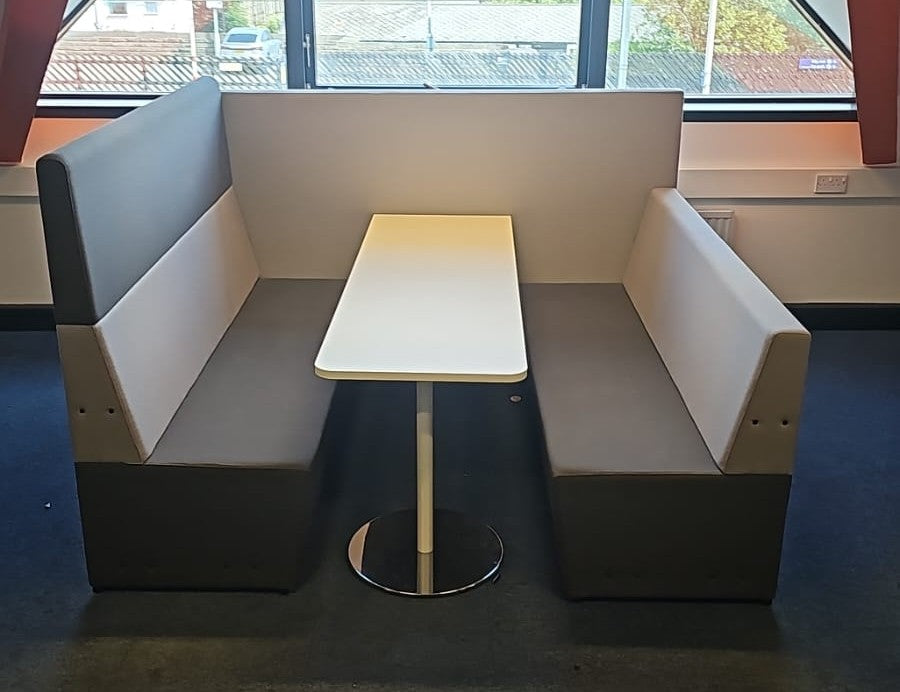 4 seater booth in natural grey fabrics with white table (used)