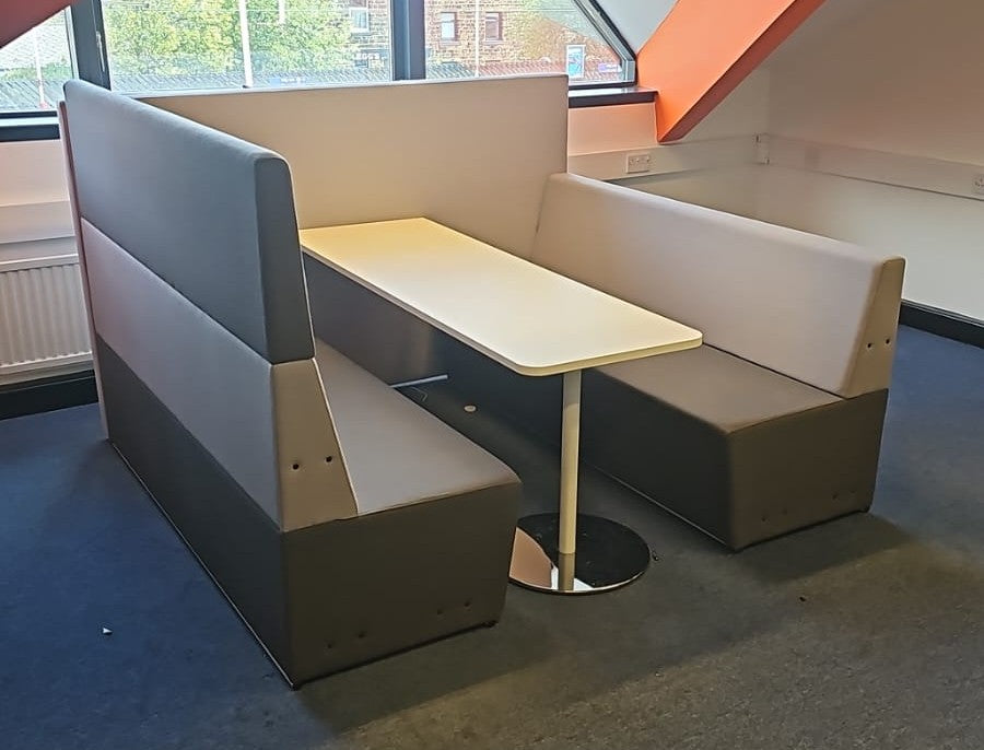 4 seater booth in natural grey fabrics with white table (used)
