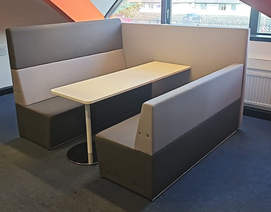 4 seater booth in natural grey fabrics with white table (used)