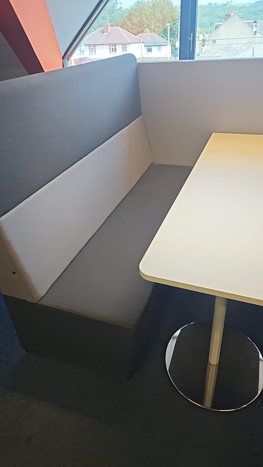 4 seater booth in natural grey fabrics with white table (used)