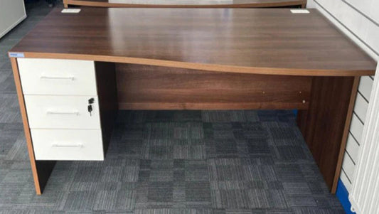 *SALE* 1800mm Right Hand Wave Desk with Fixed 3 Drawer Pedestal Walnut / White (used)