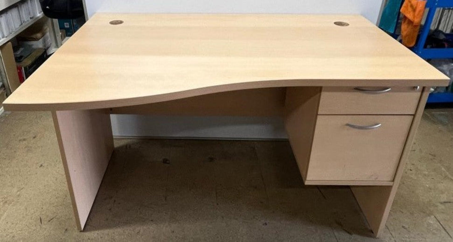 1600mm Left Hand Wave Desk with Fixed 2 Drawer Pedestal Beech (used)