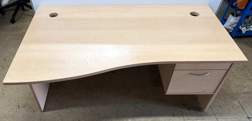 1600mm Left Hand Wave Desk with Fixed 2 Drawer Pedestal Beech (used)