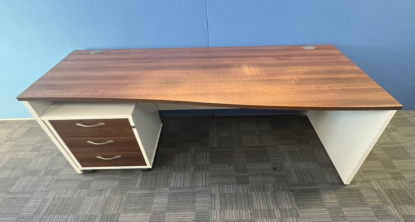 1600mm Right Hand Wave Desk with 3 Drawer Pedestal Walnut / White (used)