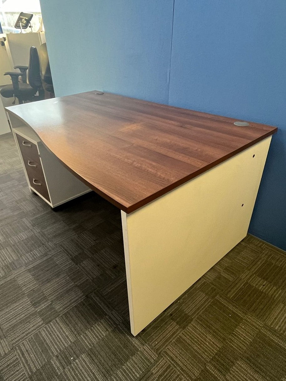 1600mm Right Hand Wave Desk with 3 Drawer Pedestal Walnut / White (used)