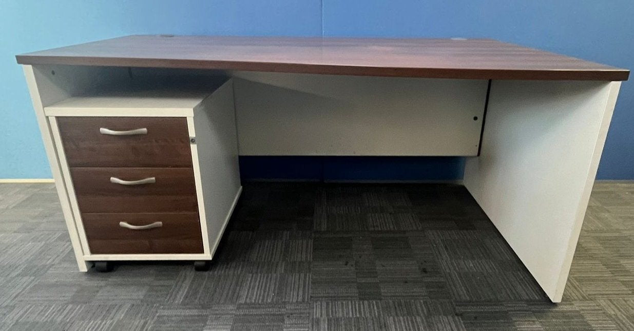 1600mm Right Hand Wave Desk with 3 Drawer Pedestal Walnut / White (used)