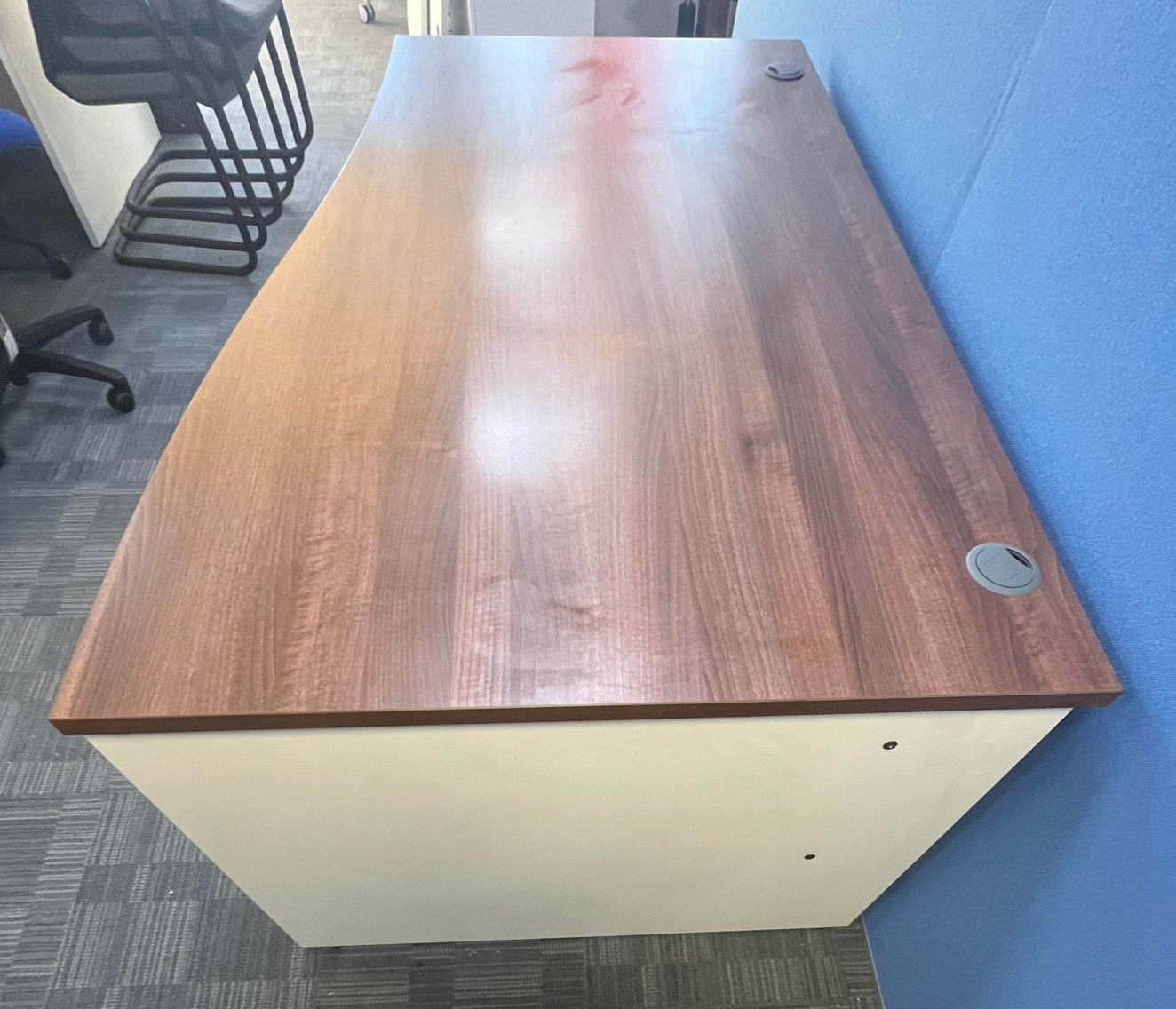 1600mm Right Hand Wave Desk with 3 Drawer Pedestal Walnut / White (used)