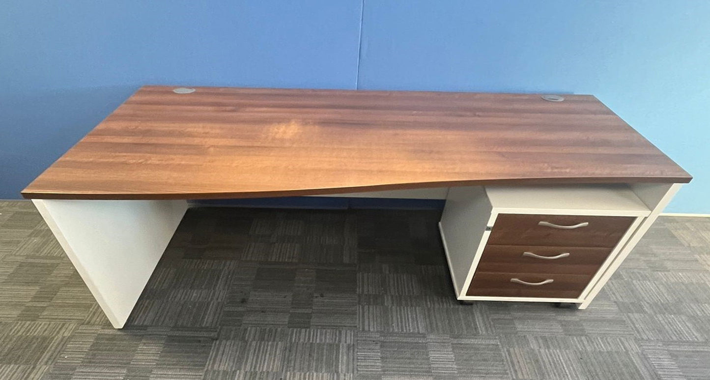 1600mm Left Hand Wave Desk with 3 Drawer Pedestal Walnut / White (used)