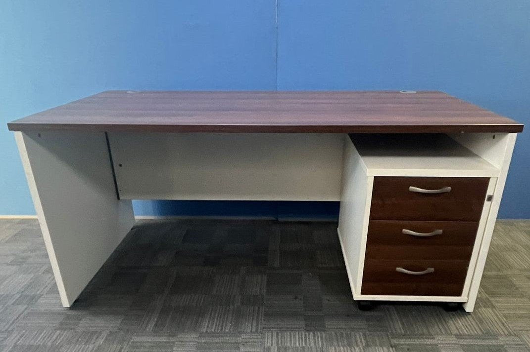 1600x800mm Straight Desk with 3 Drawer Pedestal Walnut / White (used)