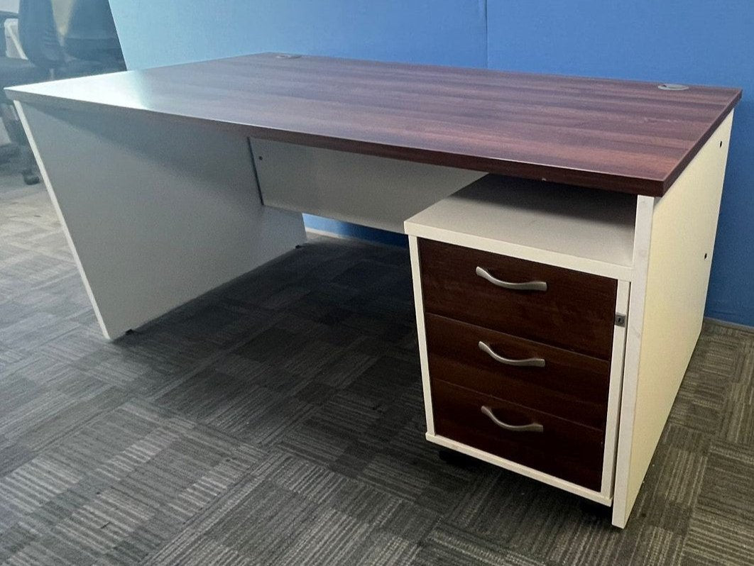 1600x800mm Straight Desk with 3 Drawer Pedestal Walnut / White (used)