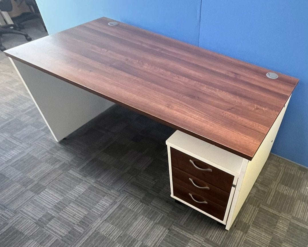 1600x800mm Straight Desk with 3 Drawer Pedestal Walnut / White (used)