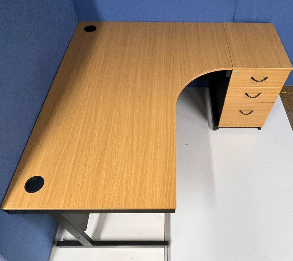 1600mm Right Hand Curved Desk with 3 Drawer Desk High Pedestal Oak (used)
