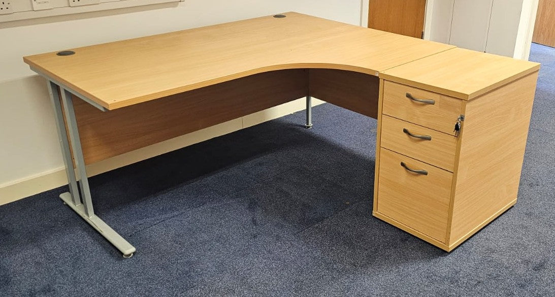 1600mm Right Hand Curved Desk with 3 Drawer Desk High Pedestal Beech (used)