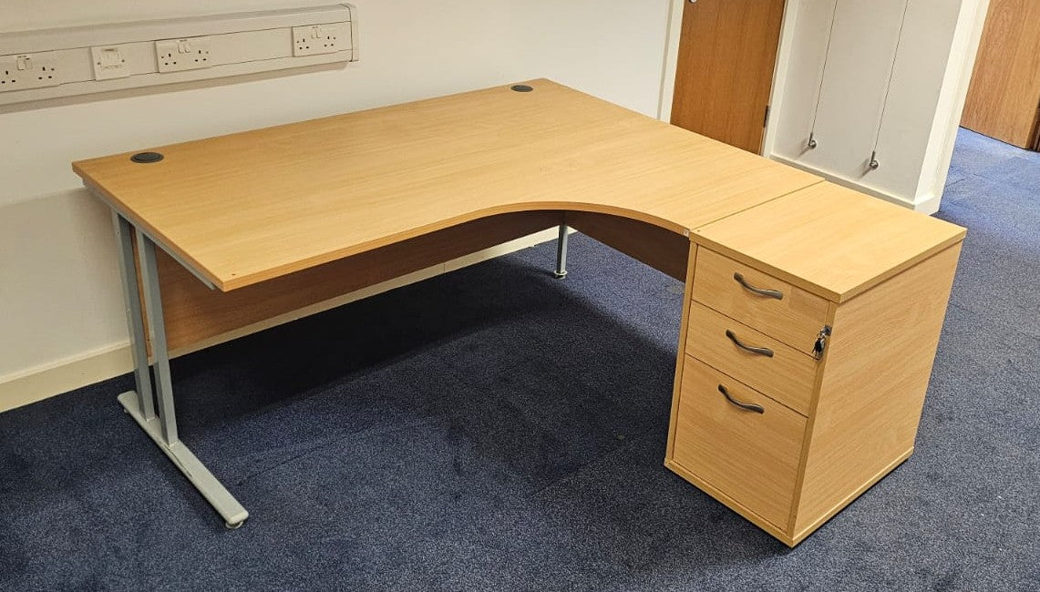 1600mm Right Hand Curved Desk with 3 Drawer Desk High Pedestal Beech (used)