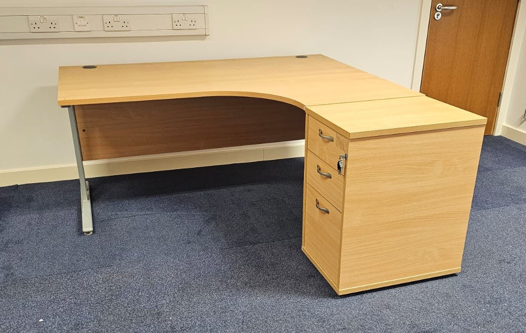1600mm Right Hand Curved Desk with 3 Drawer Desk High Pedestal Beech (used)