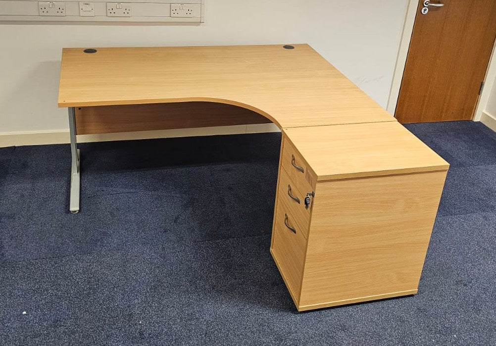 1600mm Right Hand Curved Desk with 3 Drawer Desk High Pedestal Beech (used)