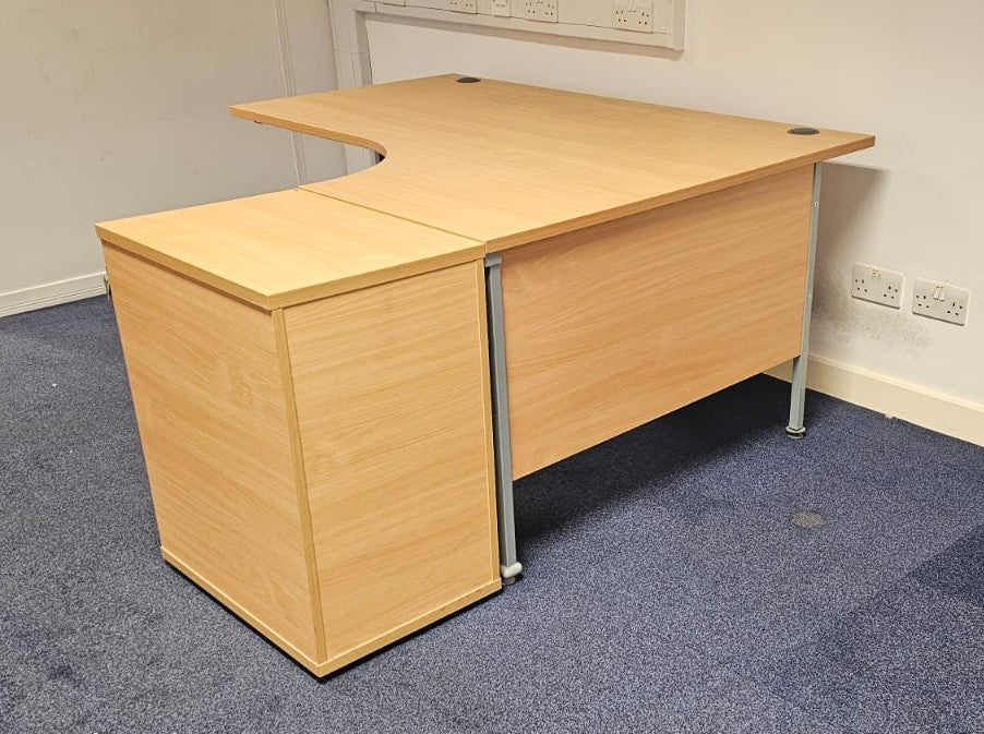 1600mm Right Hand Curved Desk with 3 Drawer Desk High Pedestal Beech (used)