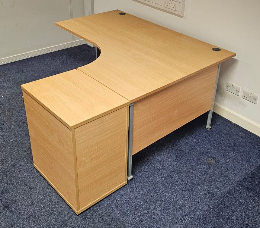 1600mm Right Hand Curved Desk with 3 Drawer Desk High Pedestal Beech (used)