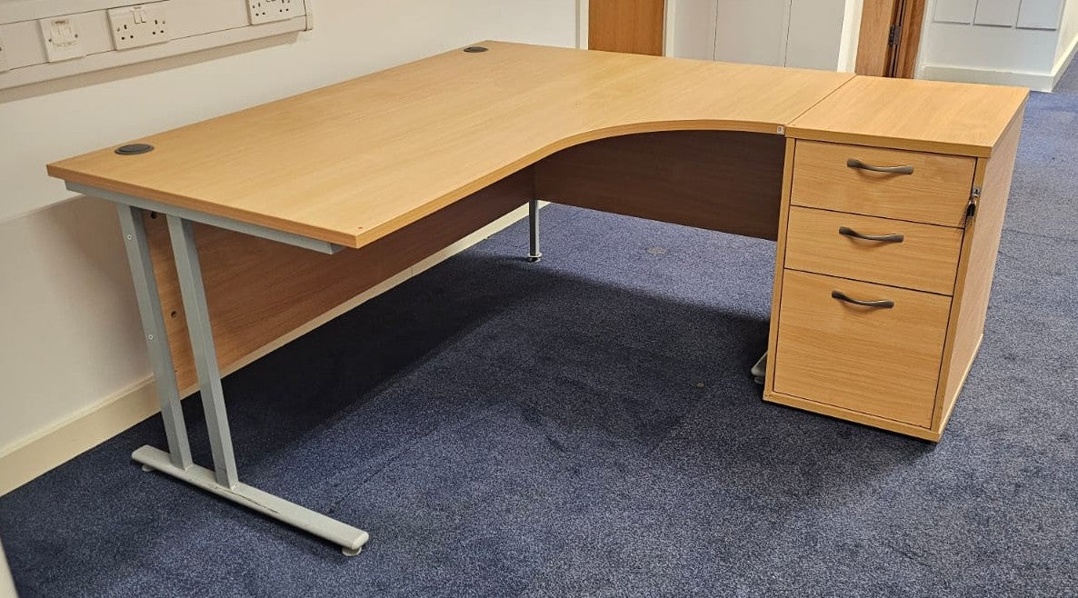 1600mm Right Hand Curved Desk with 3 Drawer Desk High Pedestal Beech (used)