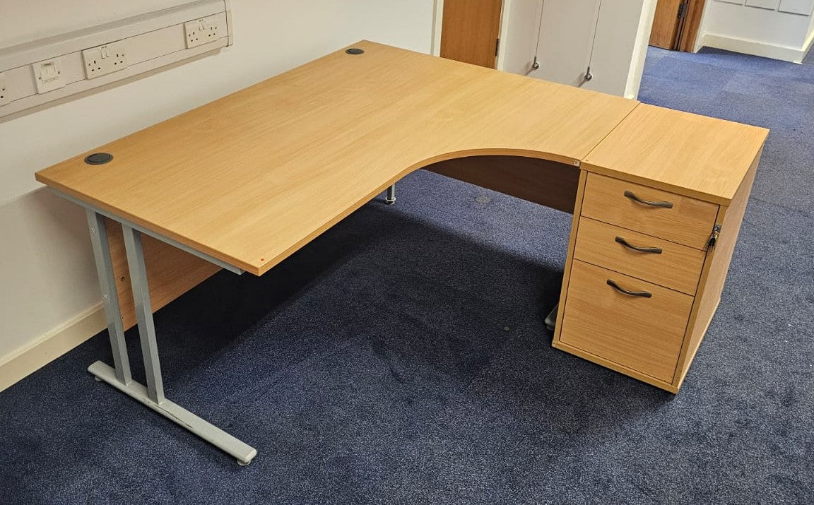 1600mm Right Hand Curved Desk with 3 Drawer Desk High Pedestal Beech (used)