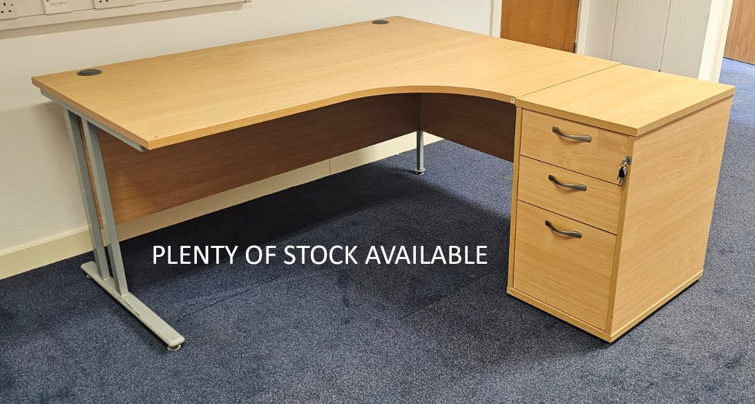 1600mm Right Hand Curved Desk with 3 Drawer Desk High Pedestal Beech (used)