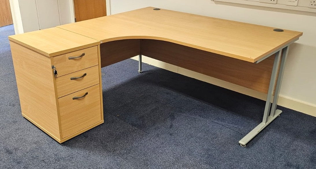 1600mm Left Hand Curved Desk with 3 Drawer Desk High Pedestal Beech (used)