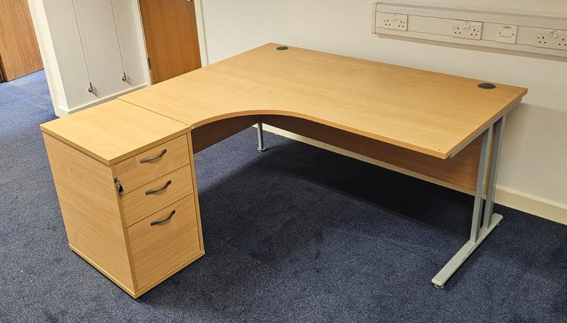 1600mm Left Hand Curved Desk with 3 Drawer Desk High Pedestal Beech (used)