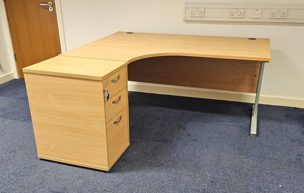 1600mm Left Hand Curved Desk with 3 Drawer Desk High Pedestal Beech (used)