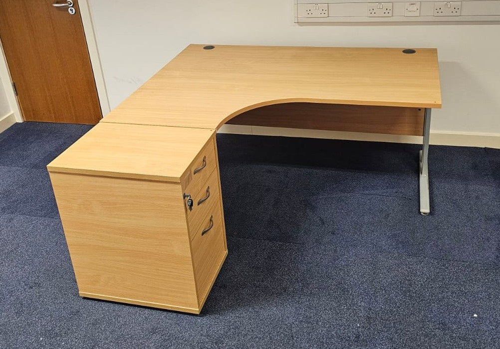 1600mm Left Hand Curved Desk with 3 Drawer Desk High Pedestal Beech (used)