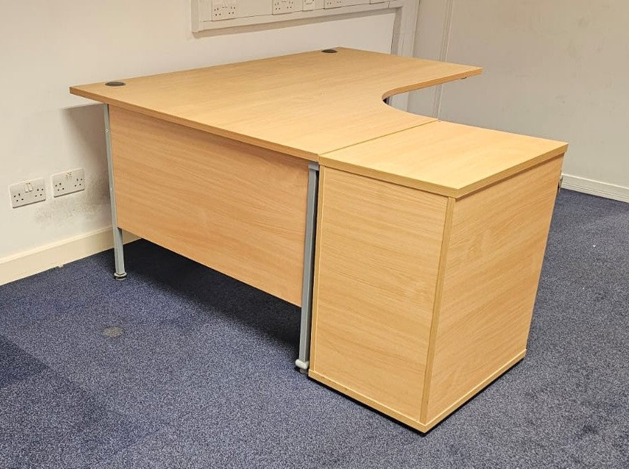 1600mm Left Hand Curved Desk with 3 Drawer Desk High Pedestal Beech (used)